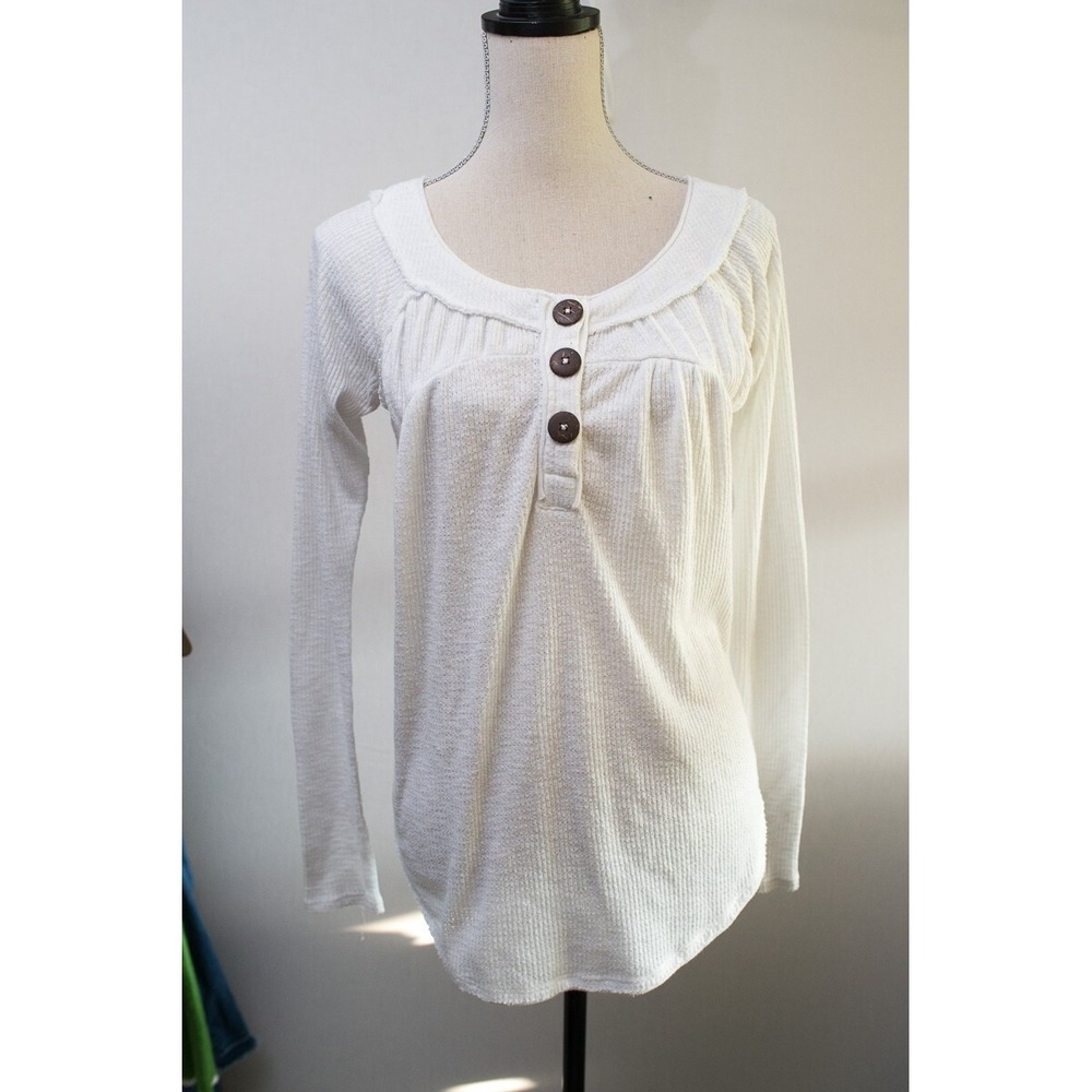We the Free Womens white waffle knit long sleeve shirt buttons Small boho